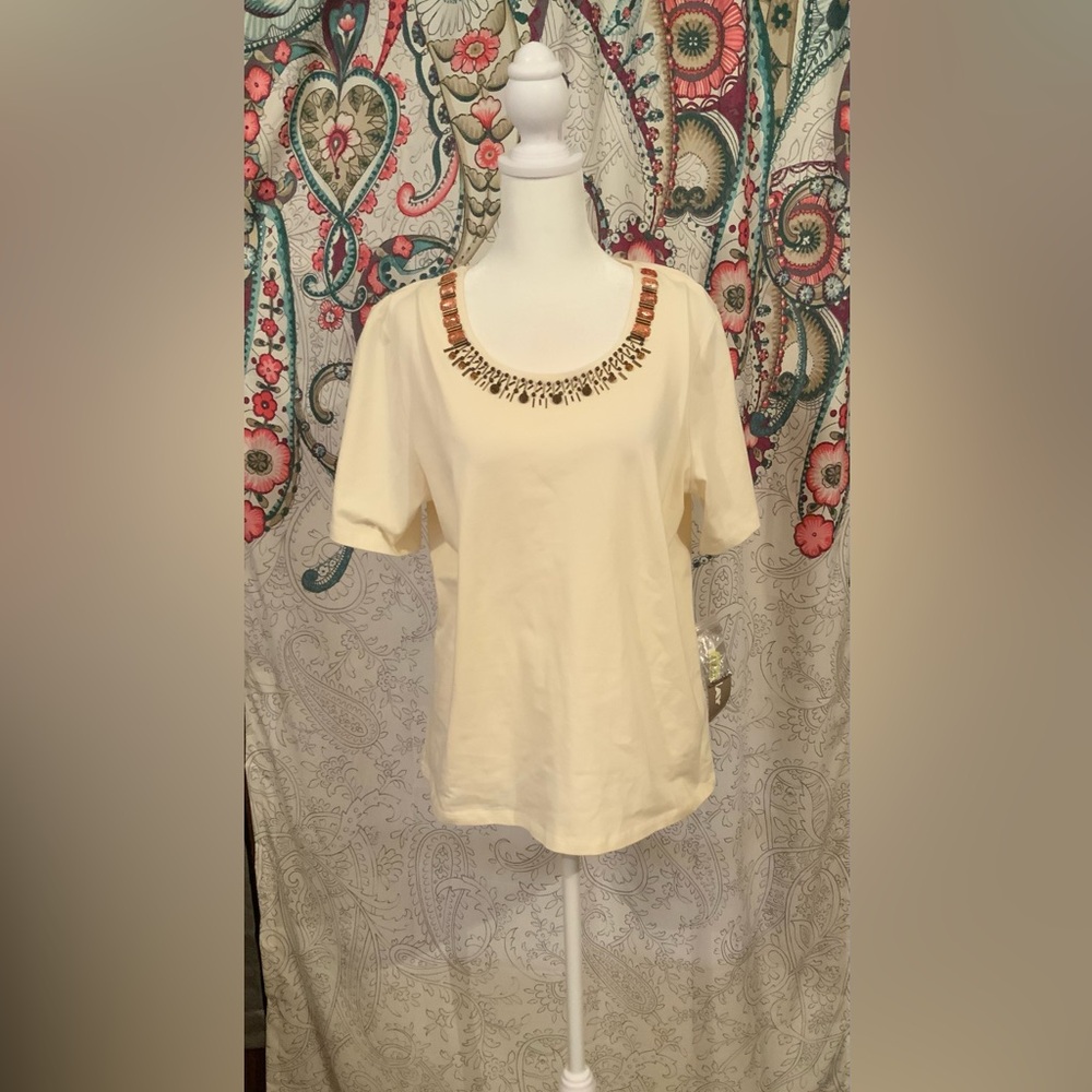 NWT TanJay Cream Embellished Neckline Orange Brown Bronze Beads Size Medium